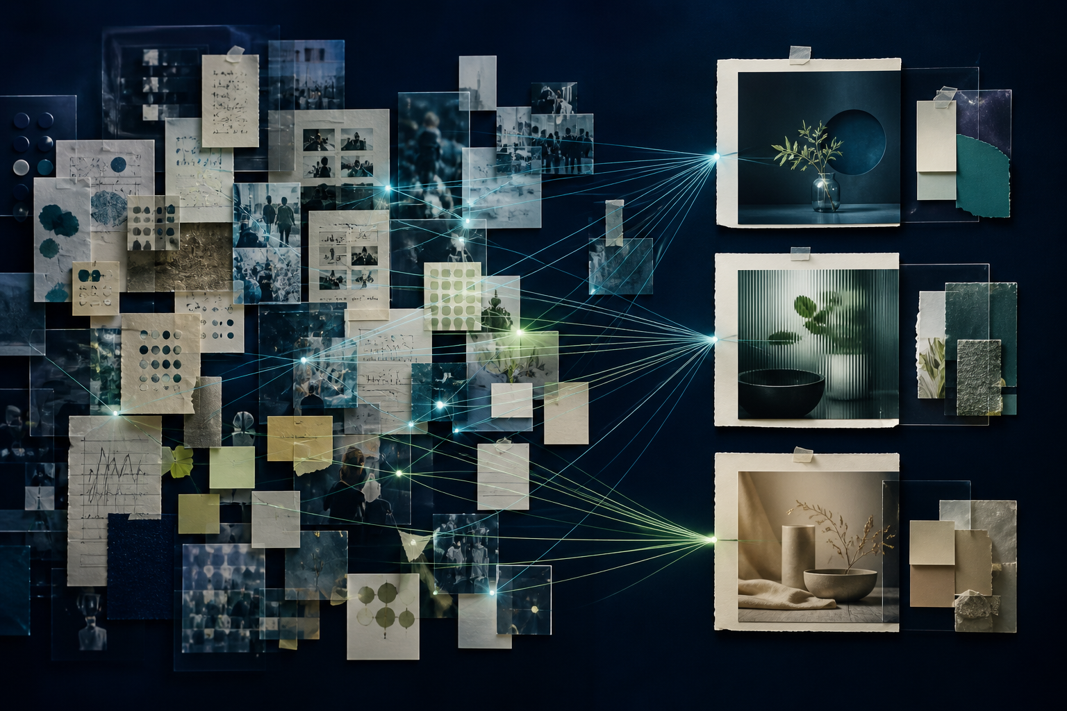 Research fragments and visual studies connected to a prioritised set of creative concept boards.