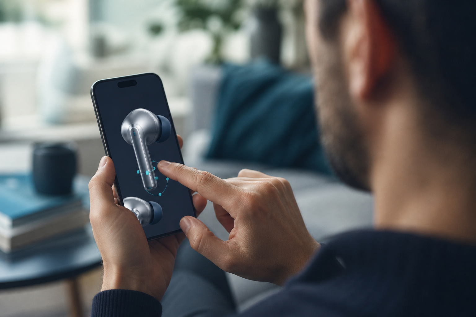 Participant using a phone to refine a sleek wireless earbud concept.