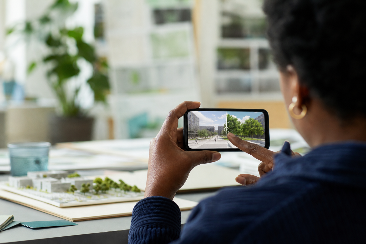 Participant using a phone to add trees to an urban space concept.